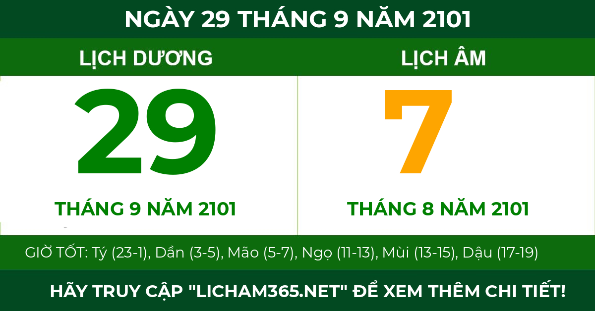 lịch âm ngày 29 tháng 9 năm 2101