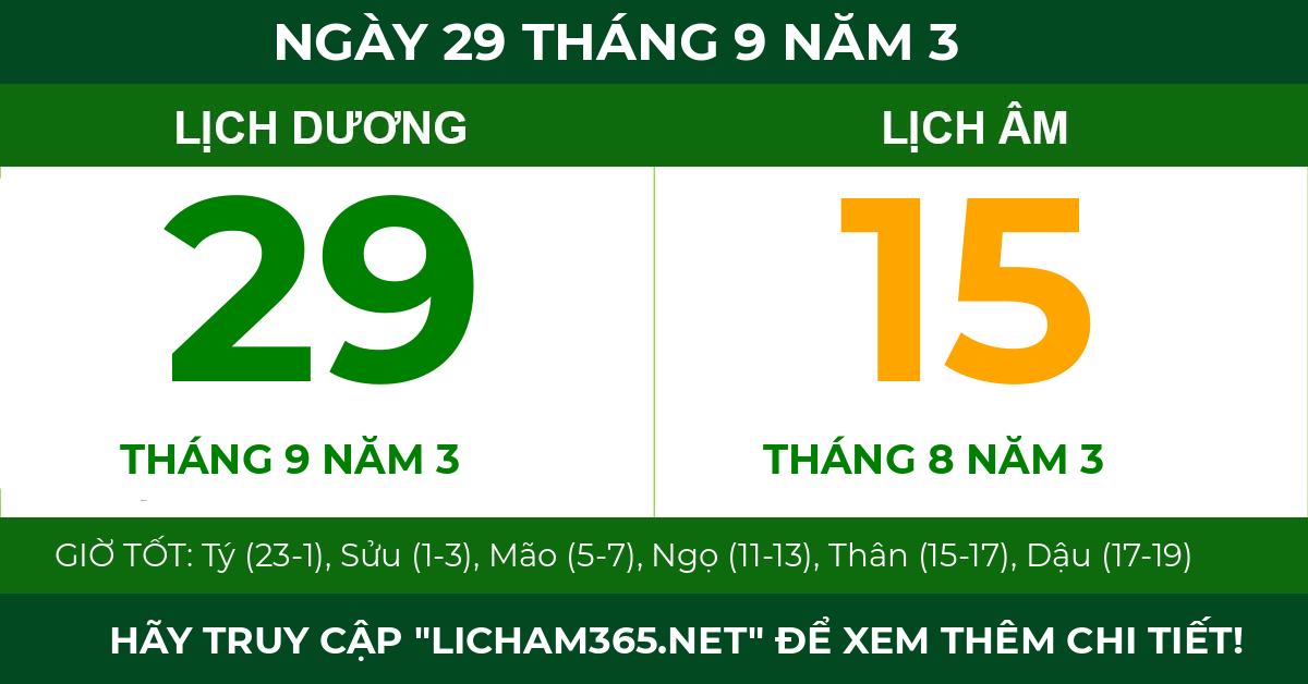 lịch âm ngày 29 tháng 9 năm 3