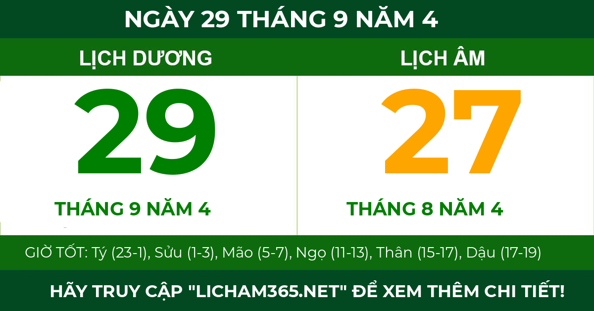 lịch âm ngày 29 tháng 9 năm 4