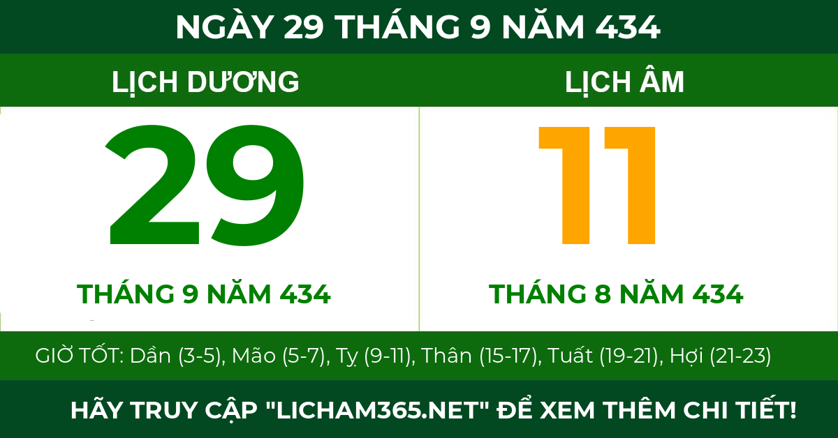 lịch âm ngày 29 tháng 9 năm 434