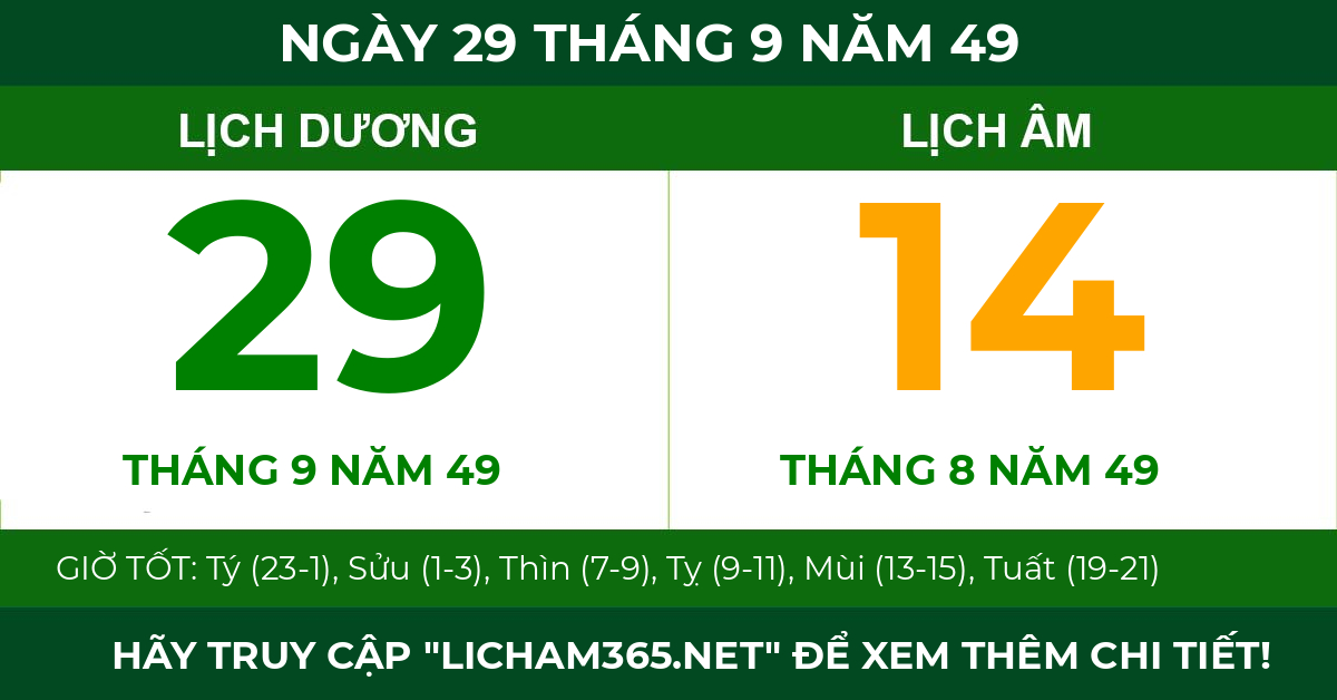 lịch âm ngày 29 tháng 9 năm 49