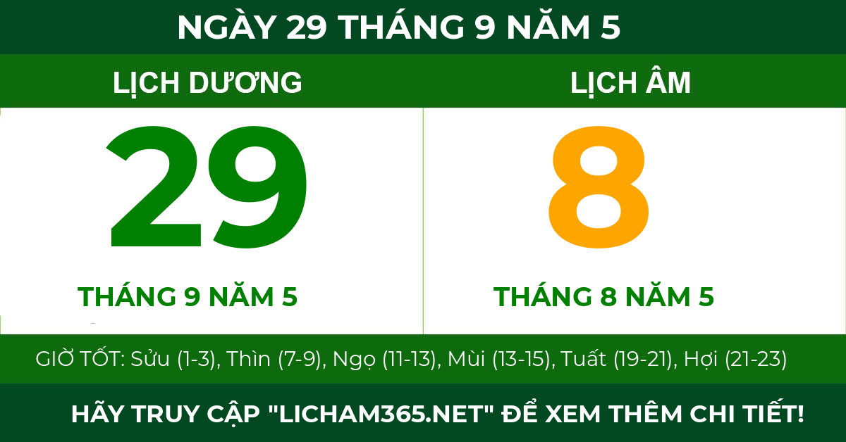 lịch âm ngày 29 tháng 9 năm 5