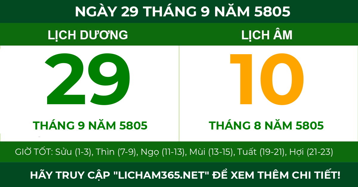 lịch âm ngày 29 tháng 9 năm 5805