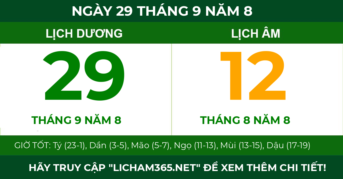 lịch âm ngày 29 tháng 9 năm 8