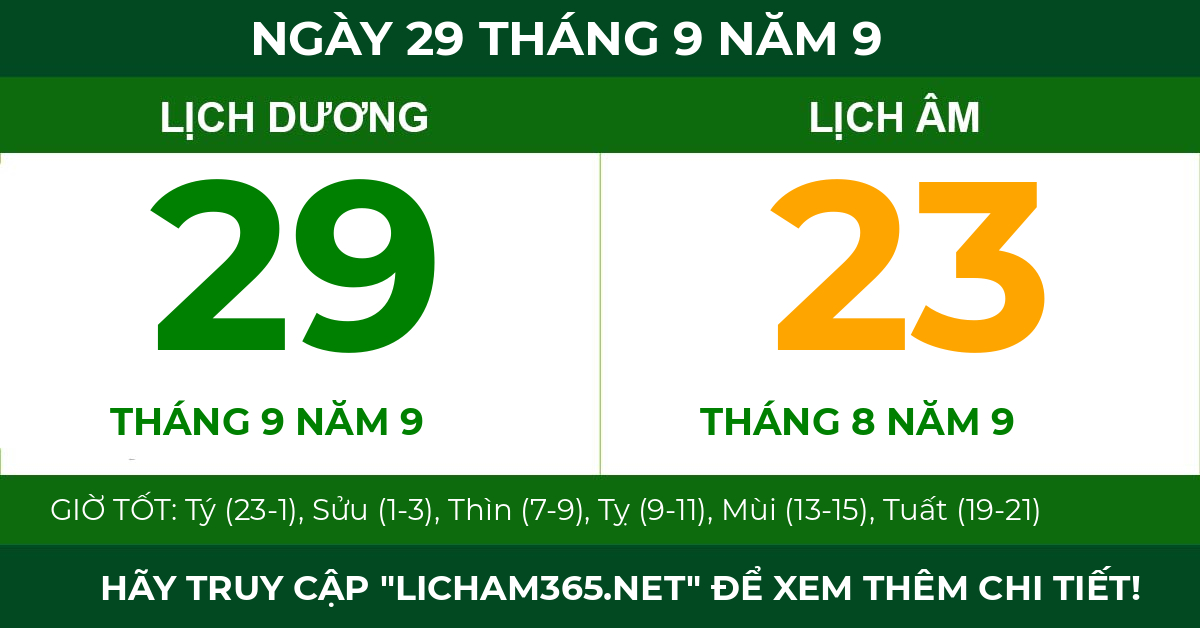 lịch âm ngày 29 tháng 9 năm 9