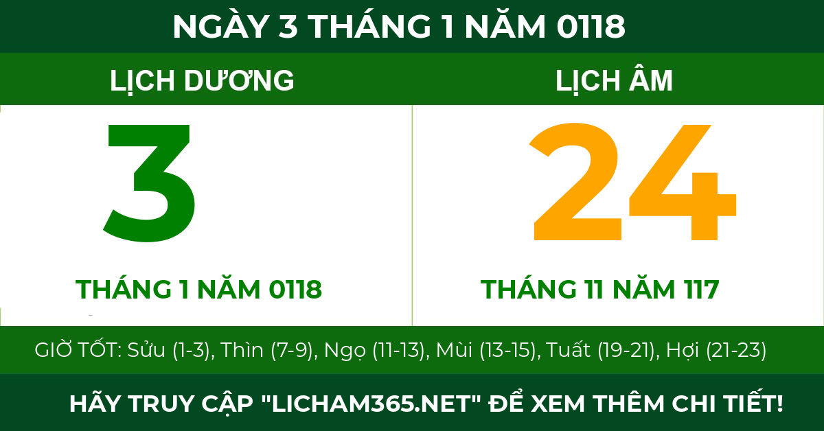 lịch âm ngày 3 tháng 1 năm 0118