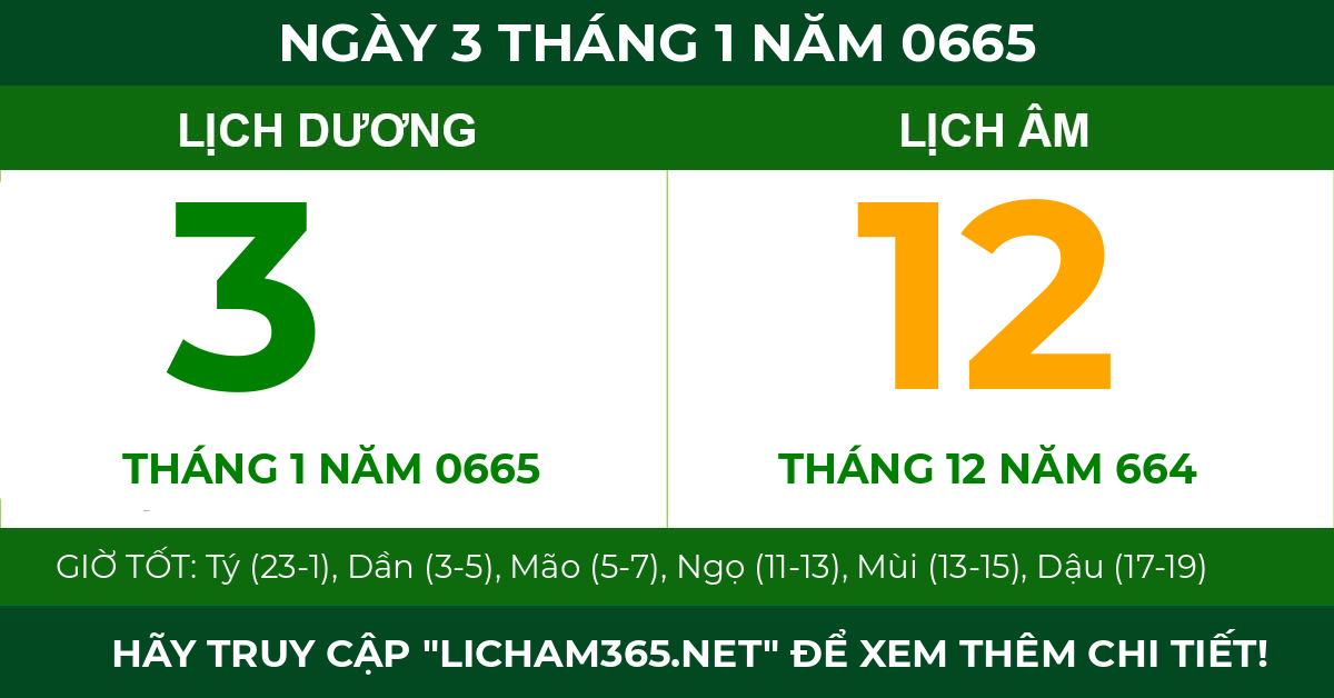 lịch âm ngày 3 tháng 1 năm 0665