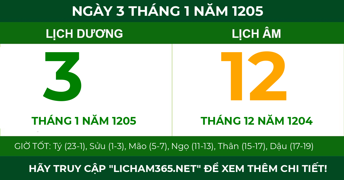 lịch âm ngày 3 tháng 1 năm 1205