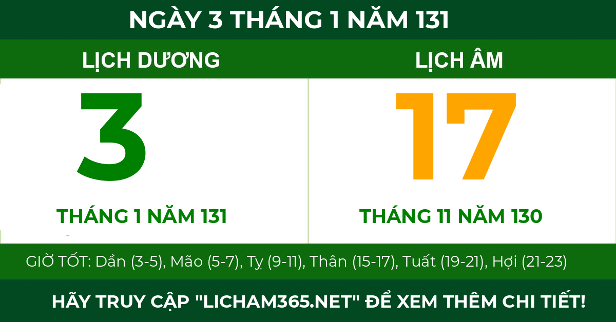 lịch âm ngày 3 tháng 1 năm 131