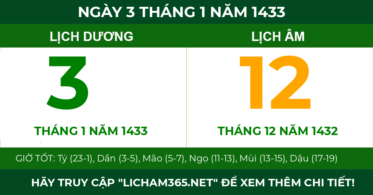 lịch âm ngày 3 tháng 1 năm 1433