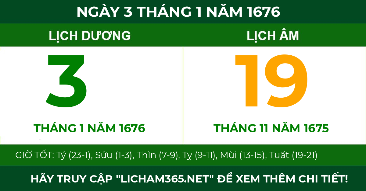 lịch âm ngày 3 tháng 1 năm 1676