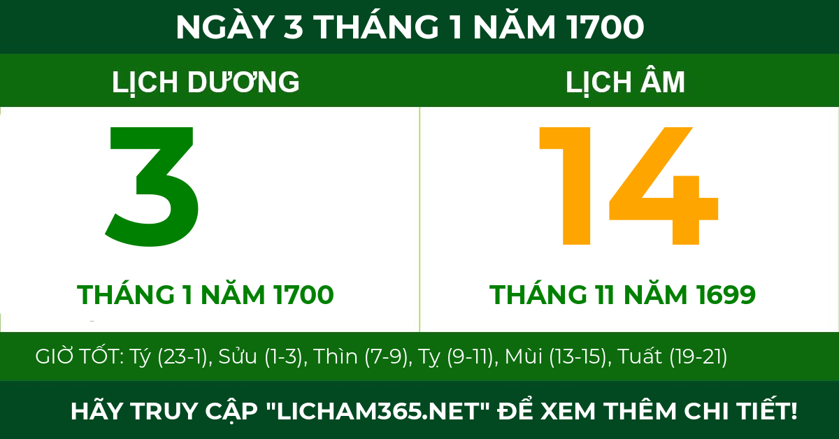 lịch âm ngày 3 tháng 1 năm 1700