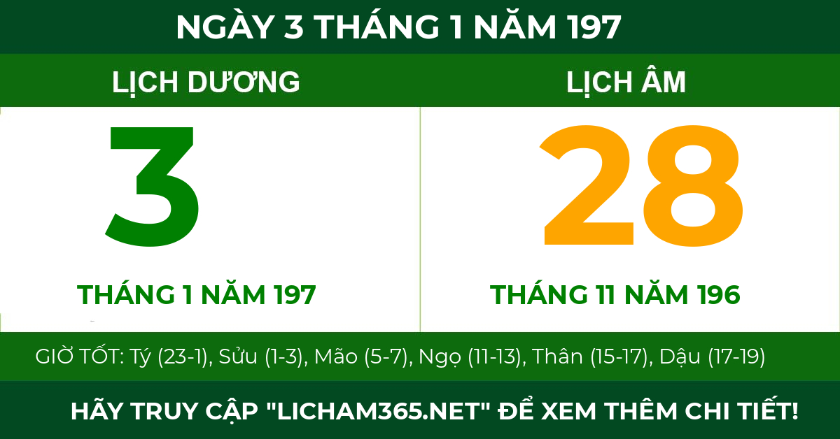lịch âm ngày 3 tháng 1 năm 197