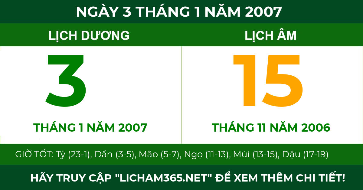 lịch âm ngày 3 tháng 1 năm 2007