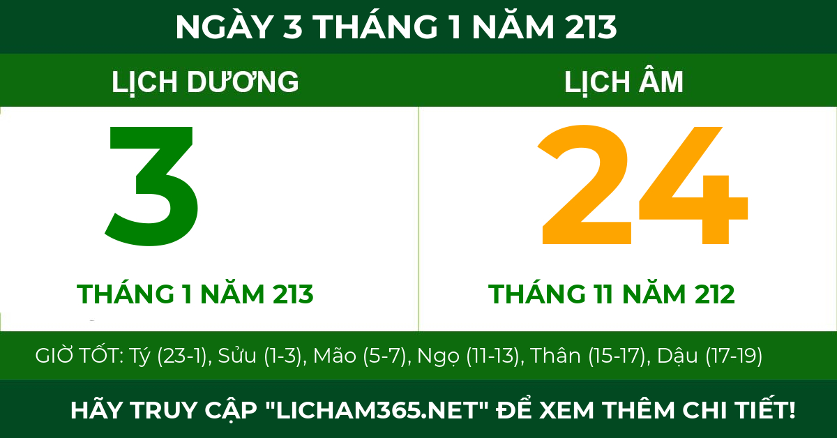 lịch âm ngày 3 tháng 1 năm 213