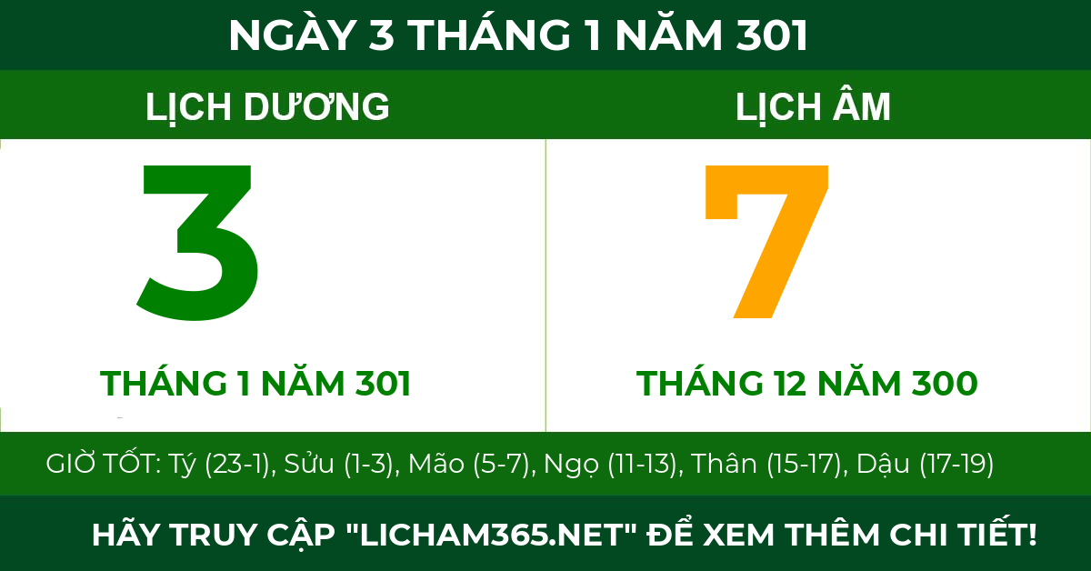 lịch âm ngày 3 tháng 1 năm 301