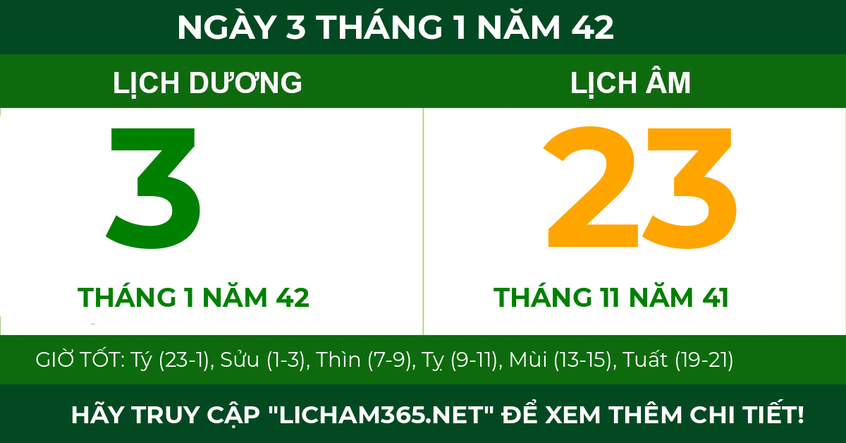 lịch âm ngày 3 tháng 1 năm 42