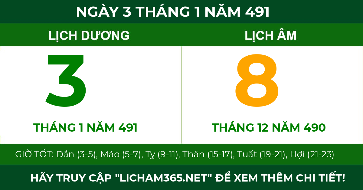 lịch âm ngày 3 tháng 1 năm 491
