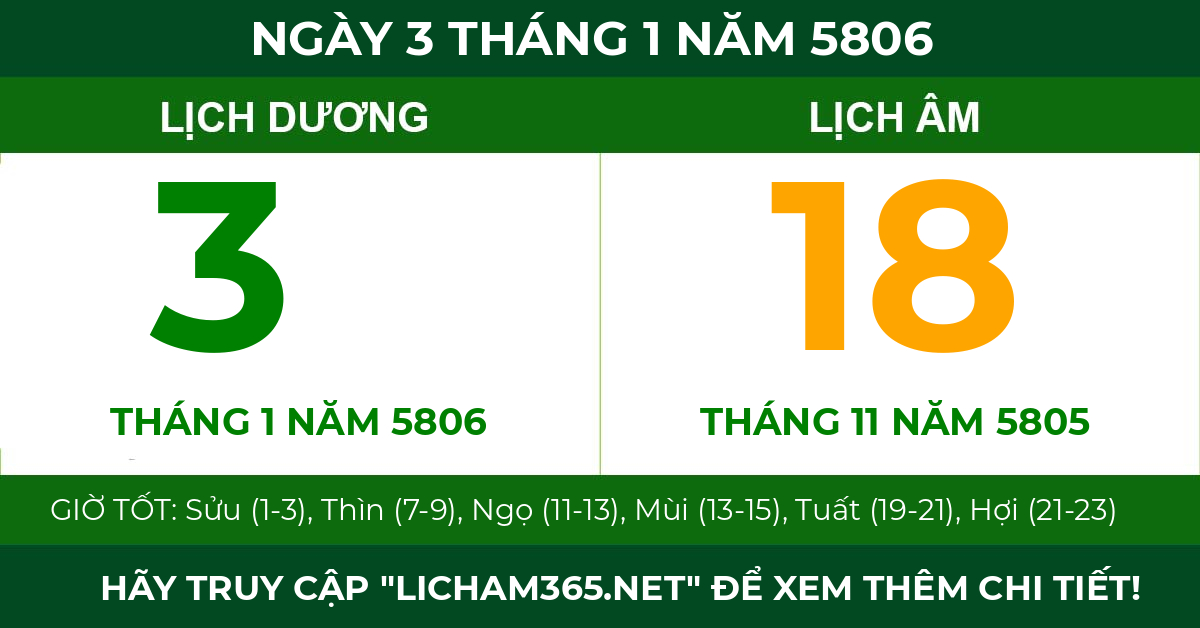 lịch âm ngày 3 tháng 1 năm 5806
