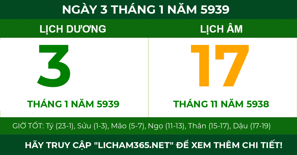 lịch âm ngày 3 tháng 1 năm 5939