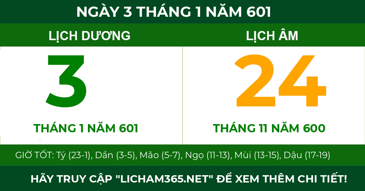 lịch âm ngày 3 tháng 1 năm 601
