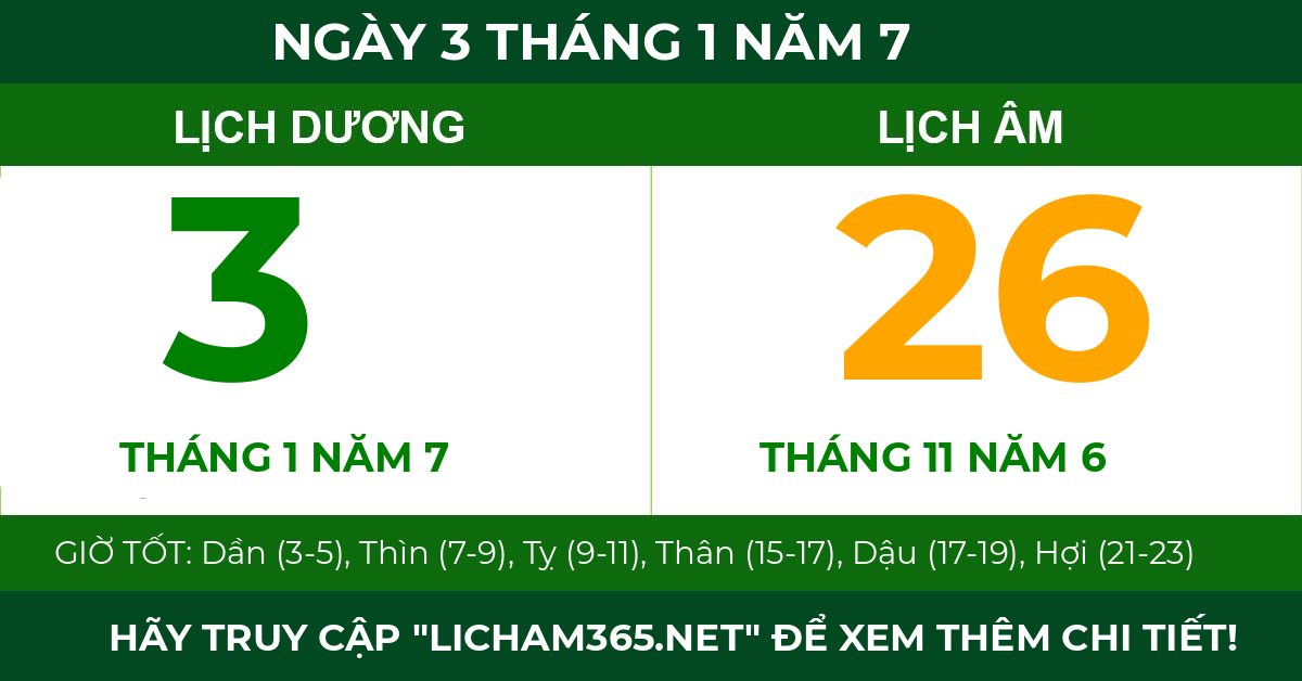 lịch âm ngày 3 tháng 1 năm 7