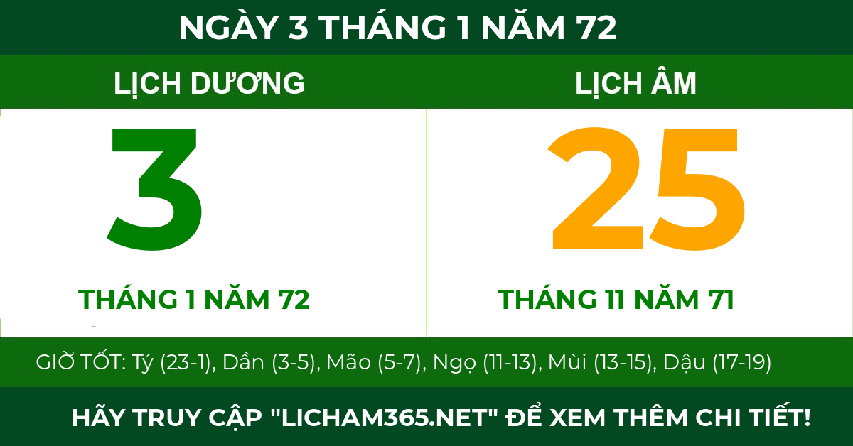 lịch âm ngày 3 tháng 1 năm 72