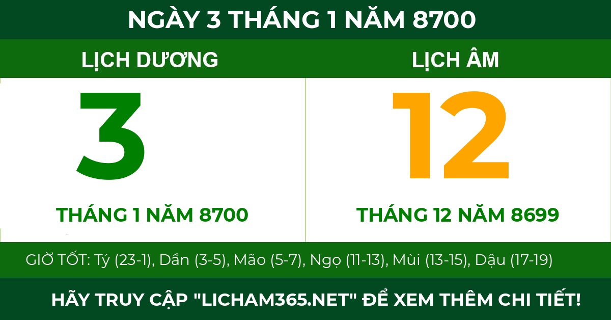 lịch âm ngày 3 tháng 1 năm 8700