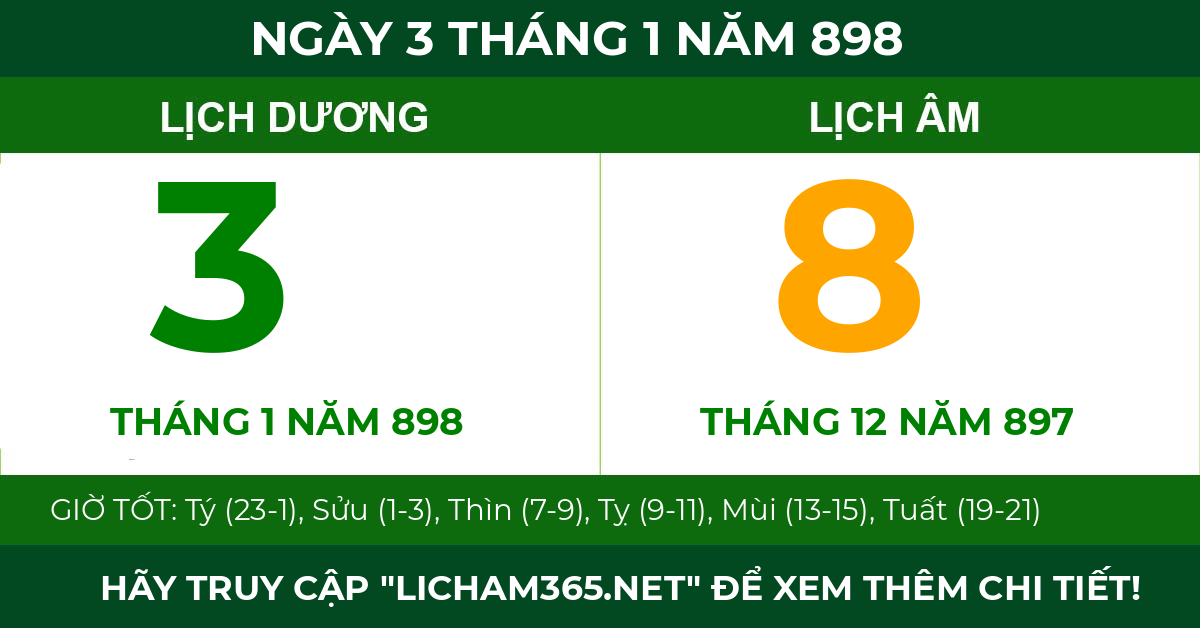 lịch âm ngày 3 tháng 1 năm 898
