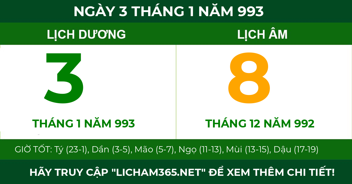 lịch âm ngày 3 tháng 1 năm 993
