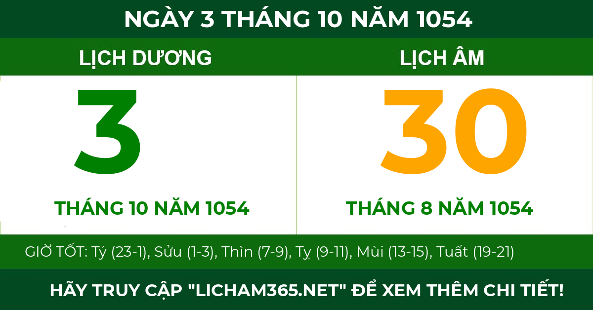 lịch âm ngày 3 tháng 10 năm 1054