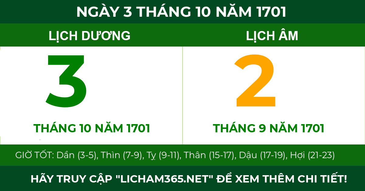 lịch âm ngày 3 tháng 10 năm 1701