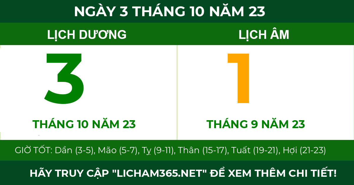lịch âm ngày 3 tháng 10 năm 23