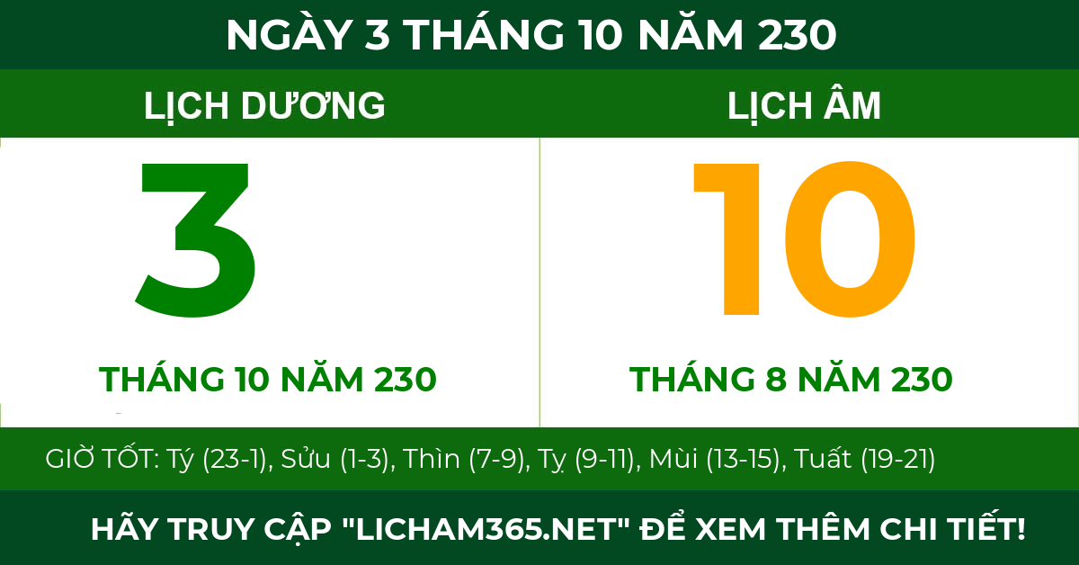 lịch âm ngày 3 tháng 10 năm 230