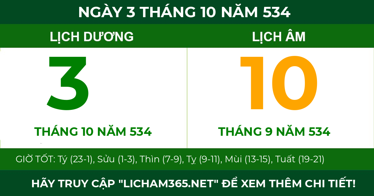 lịch âm ngày 3 tháng 10 năm 534