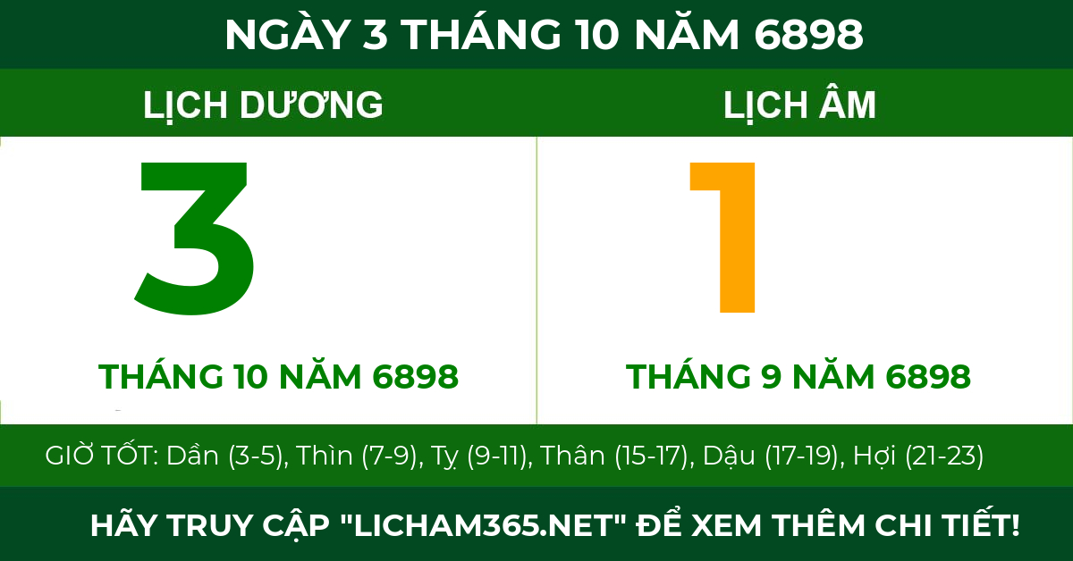 lịch âm ngày 3 tháng 10 năm 6898