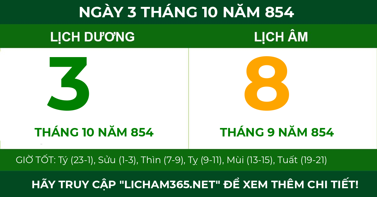lịch âm ngày 3 tháng 10 năm 854