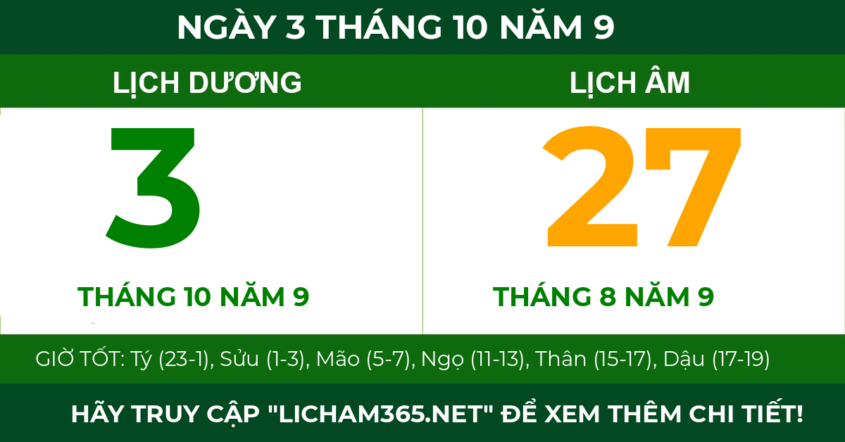 lịch âm ngày 3 tháng 10 năm 9