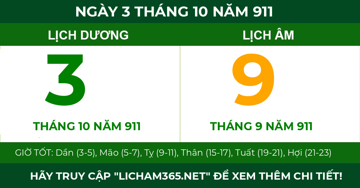lịch âm ngày 3 tháng 10 năm 911