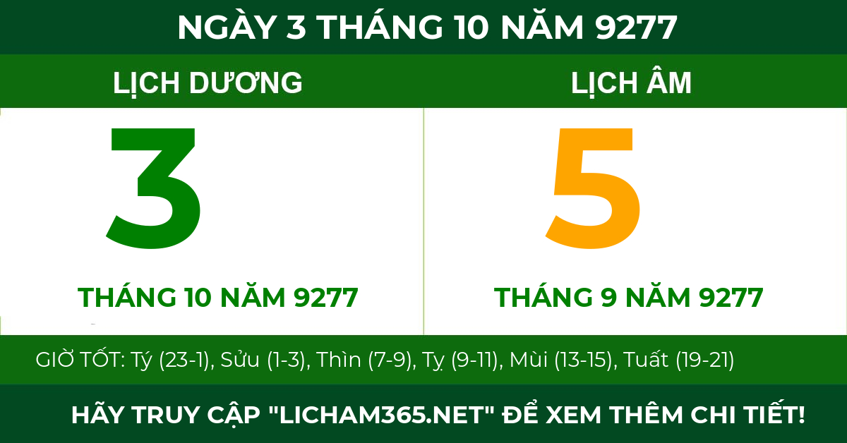 lịch âm ngày 3 tháng 10 năm 9277