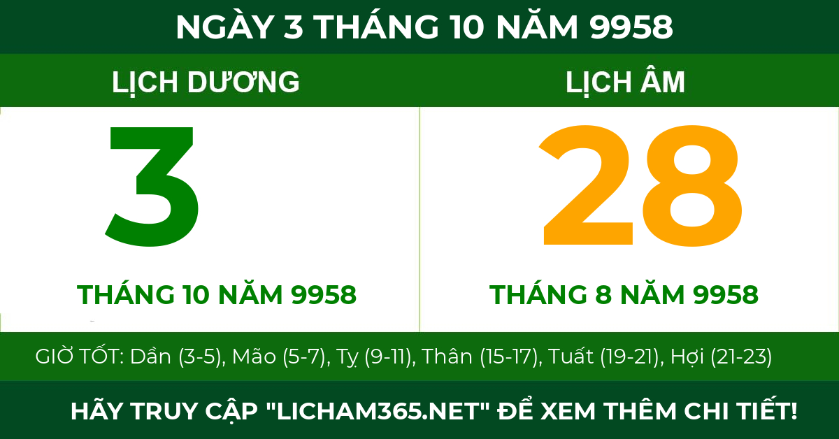 lịch âm ngày 3 tháng 10 năm 9958
