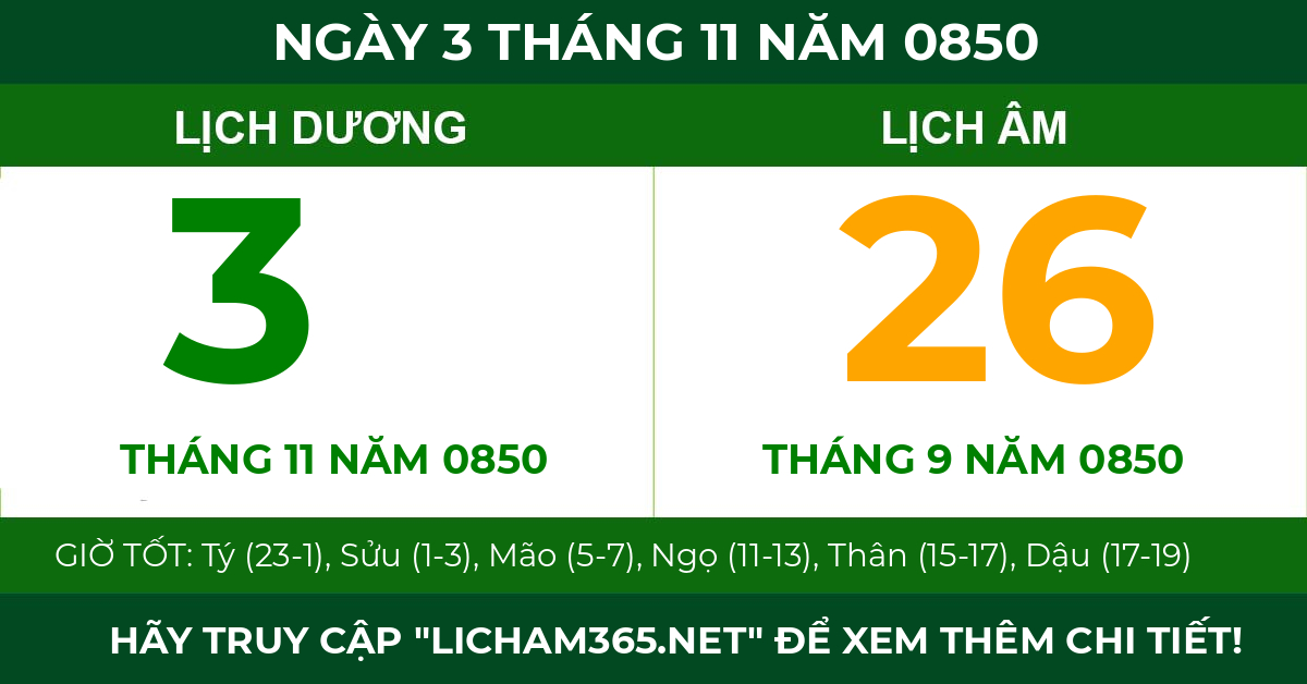 lịch âm ngày 3 tháng 11 năm 0850