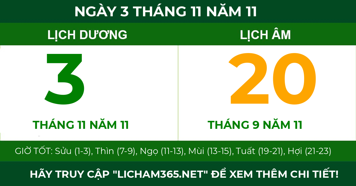 lịch âm ngày 3 tháng 11 năm 11