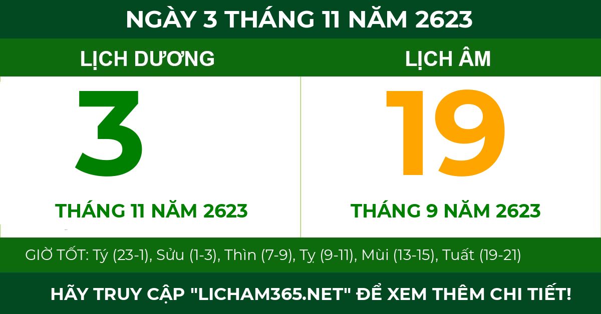 lịch âm ngày 3 tháng 11 năm 2623