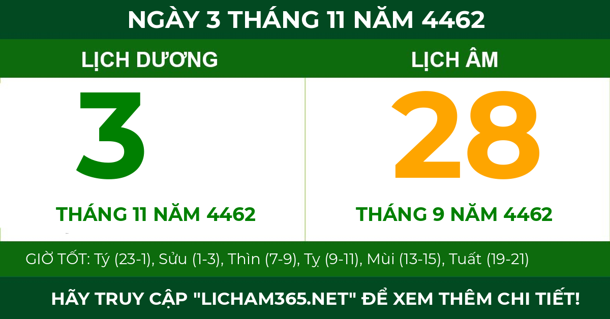 lịch âm ngày 3 tháng 11 năm 4462