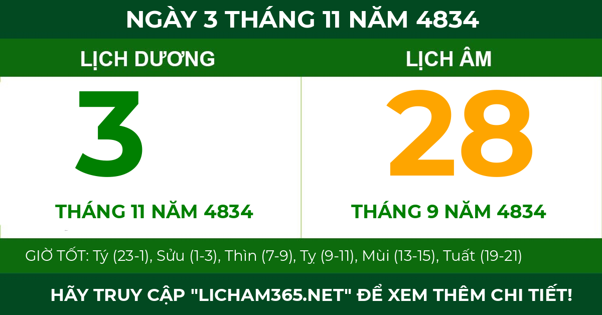 lịch âm ngày 3 tháng 11 năm 4834