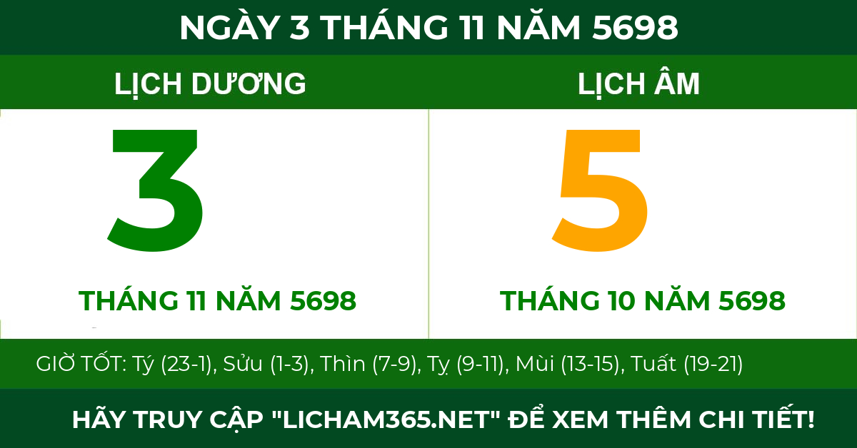 lịch âm ngày 3 tháng 11 năm 5698