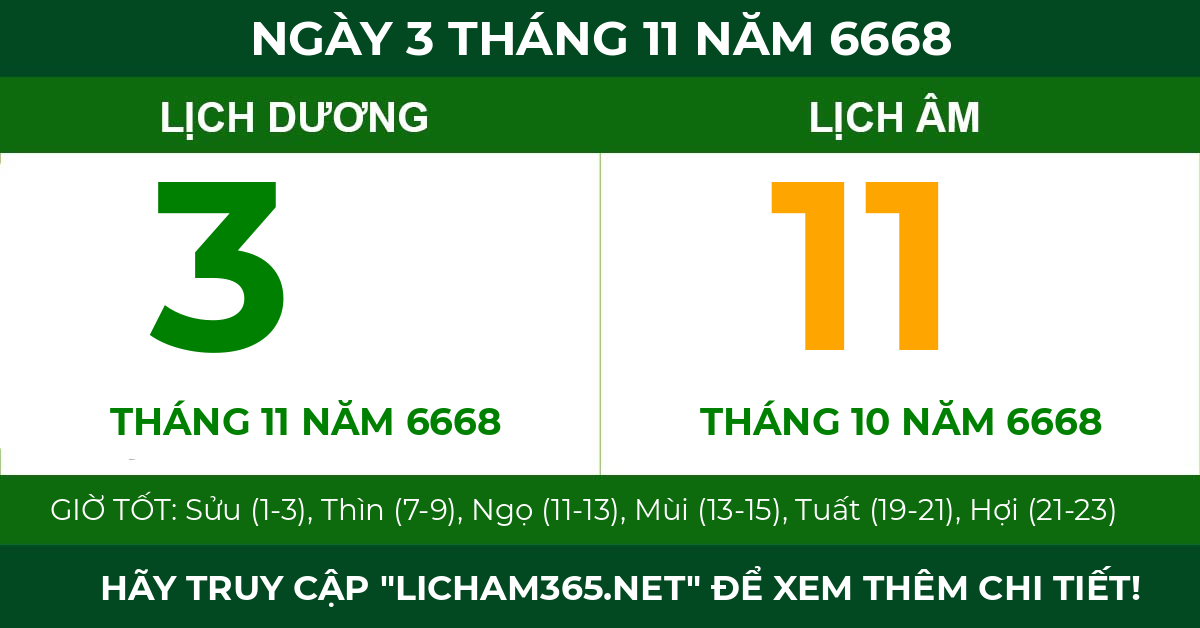 lịch âm ngày 3 tháng 11 năm 6668