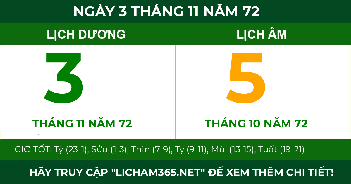 lịch âm ngày 3 tháng 11 năm 72