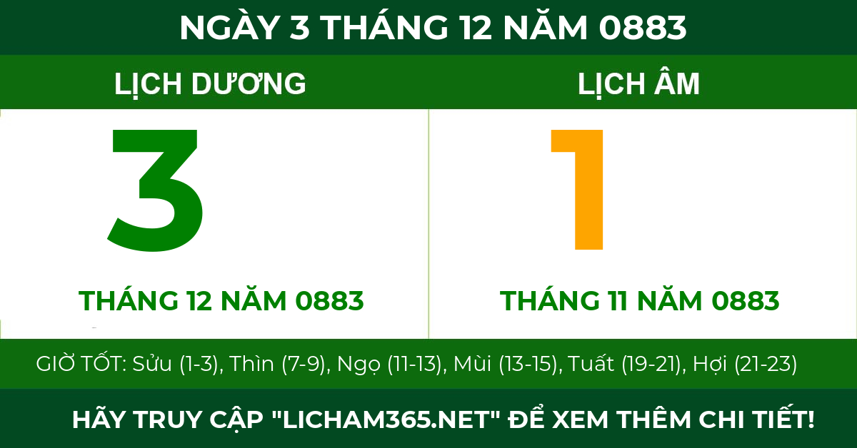 lịch âm ngày 3 tháng 12 năm 0883